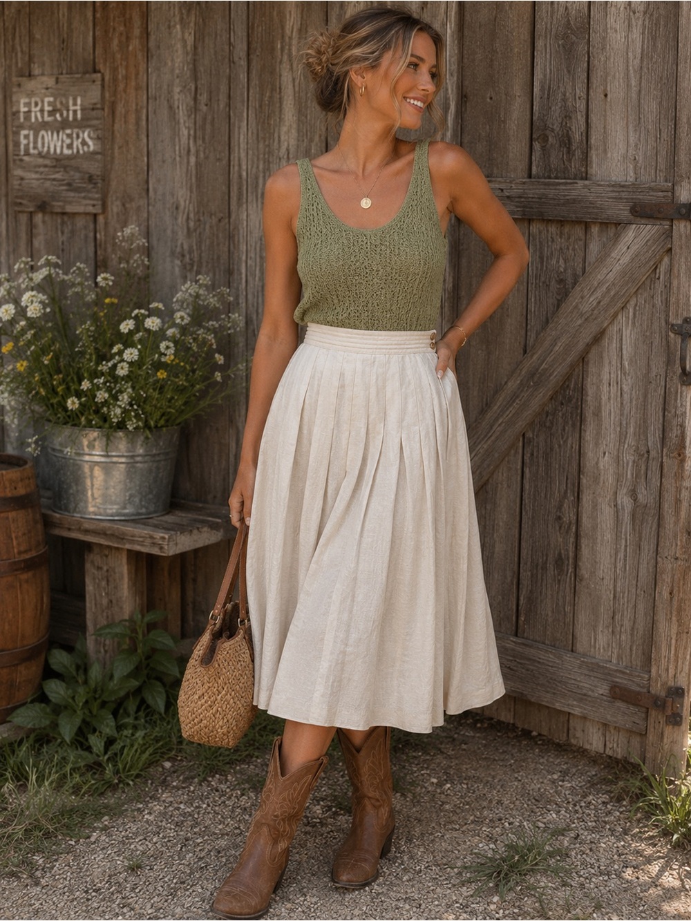 Women's Cream Midi Skirt - Lightweight Pleated A-Line